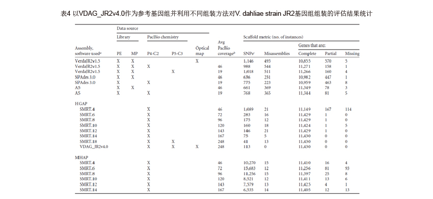 表4  以VDAG_JR2v4.0作为参考基因组并利用不同组装方法对V. dahliae strain JR2基因组组装的评估结果统计